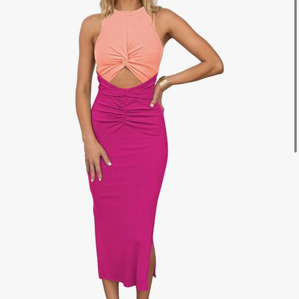 Vibrant Pink and Orange Cutout Dress